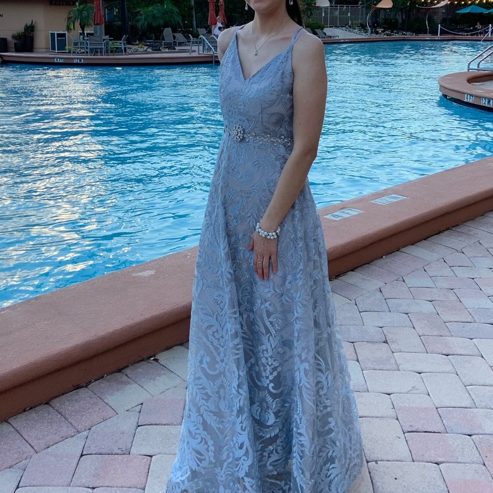 TLC Silver and Light Blue Embroidered Prom Dress with Beaded Waist